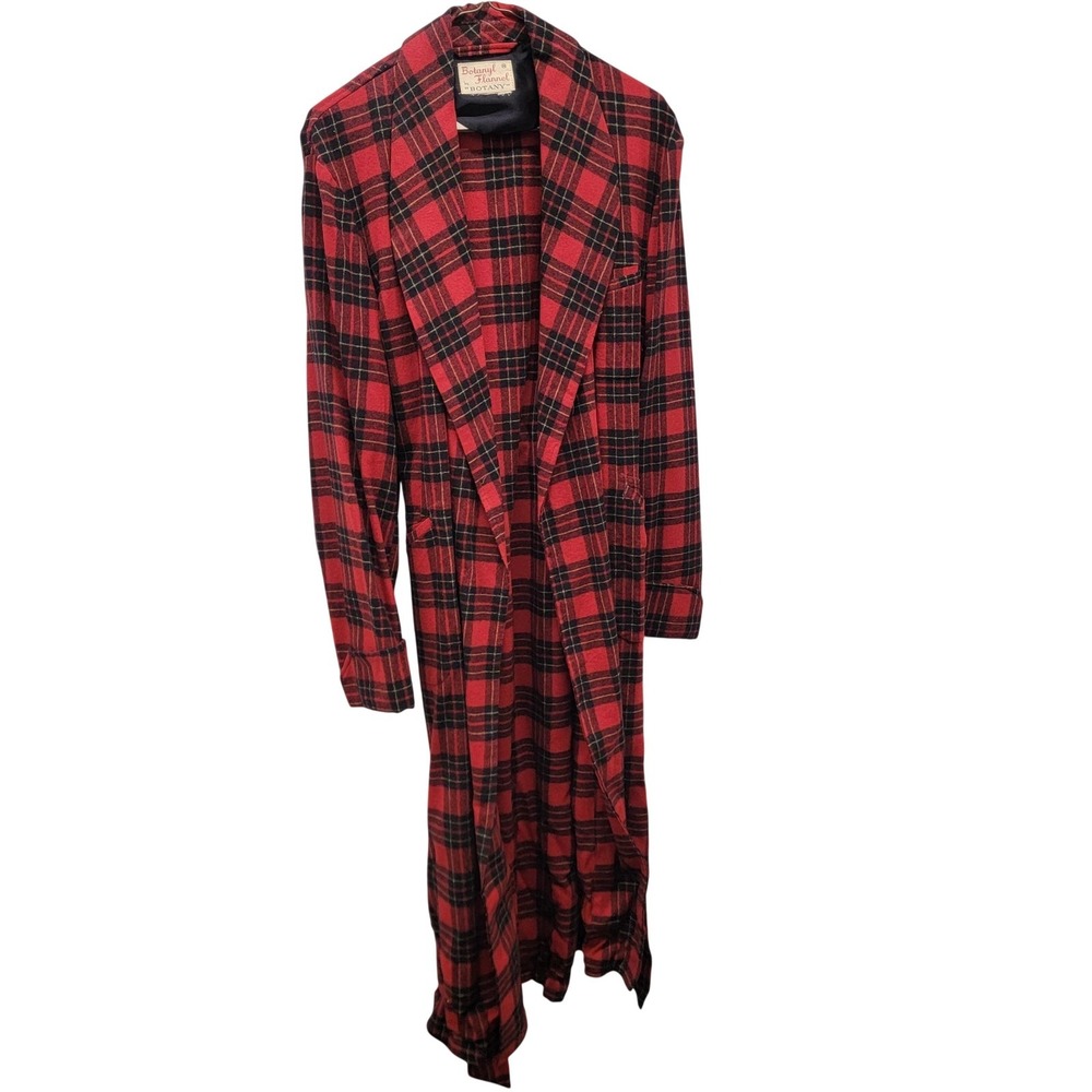 Vintage 50s Botany Robe Mens Medium Red Tartan Plaid Wool Flannel Belted Lounge